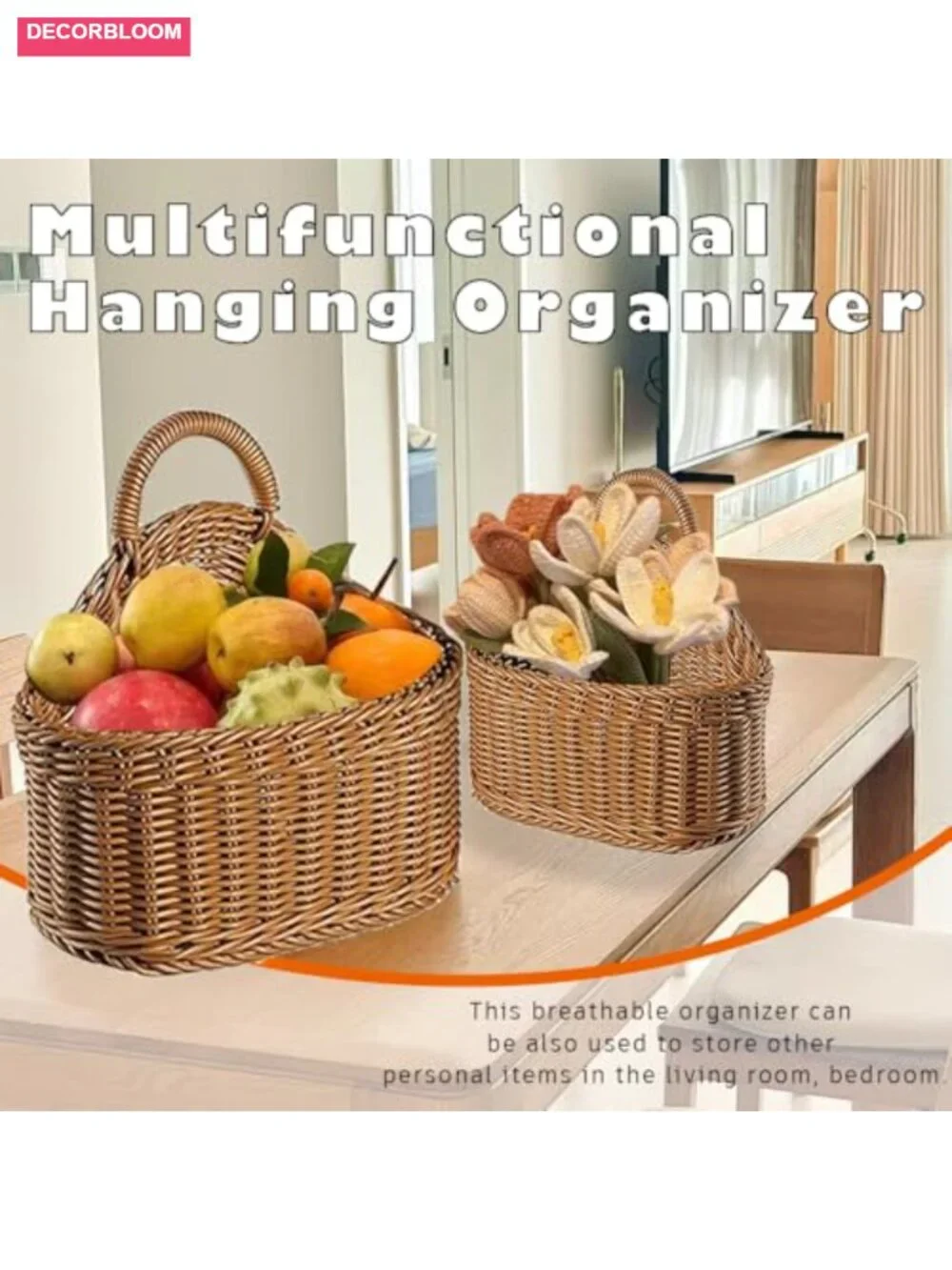 Japanese Rattan Style Hanging Storage Baskets 2-Pack Kitchen Organizer Garlic